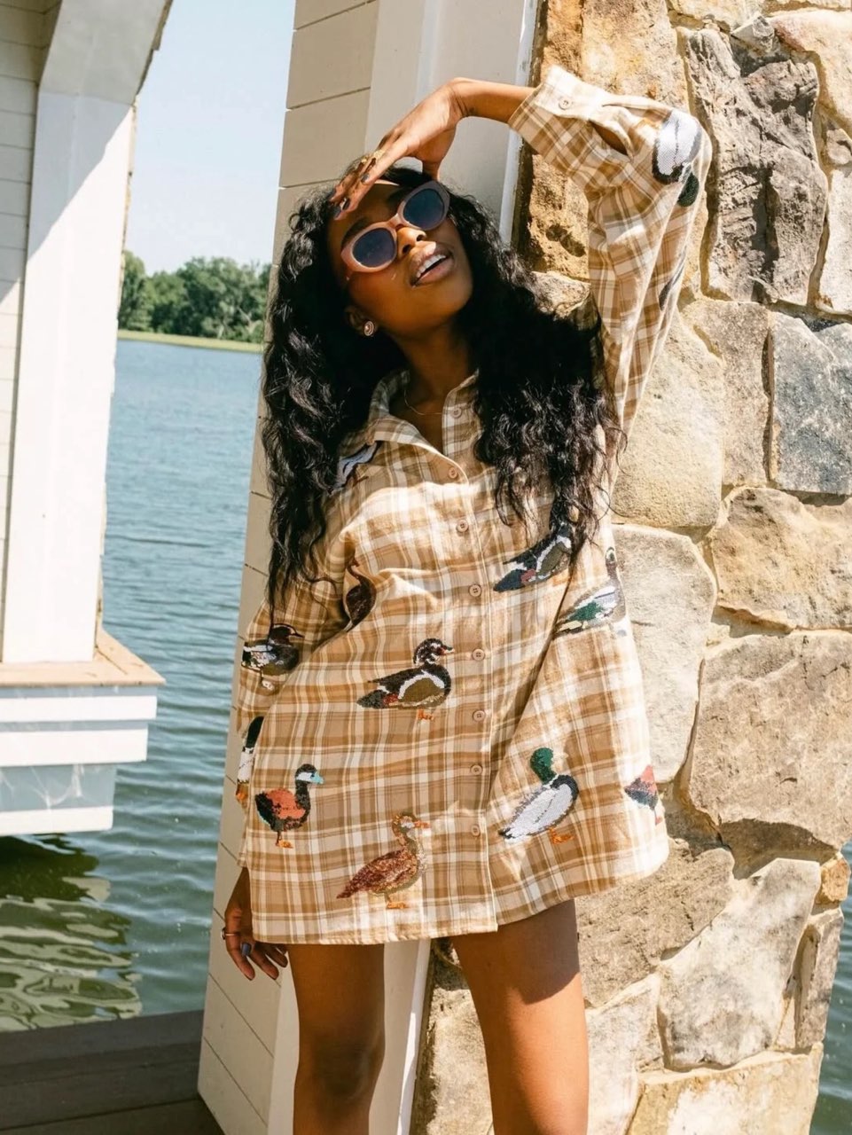 Oversized Plaid Duck Embroidered Tunic Shirt