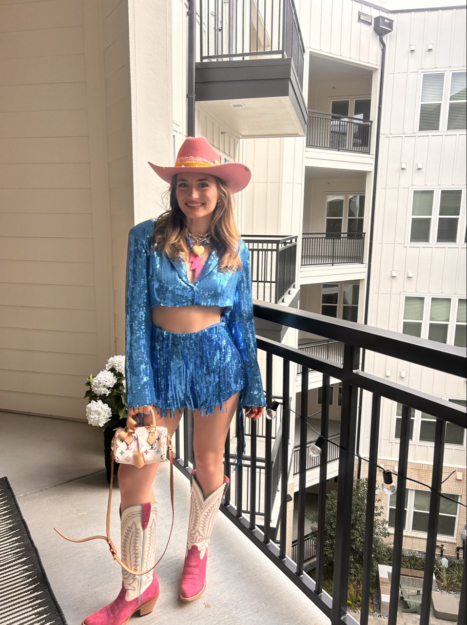 Blue Sequin Crop Top and Skirt Set