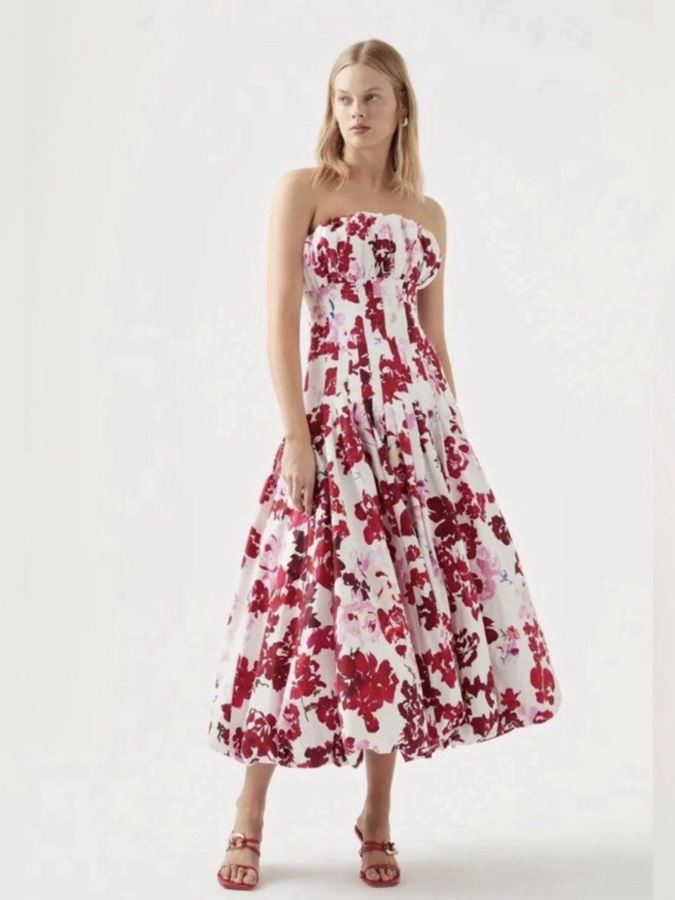 AJE Mathilda Bubble Hem Strapless Midi Dress