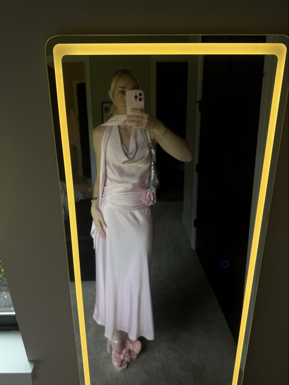 Pink Satin Cowl Neck Midi Dress