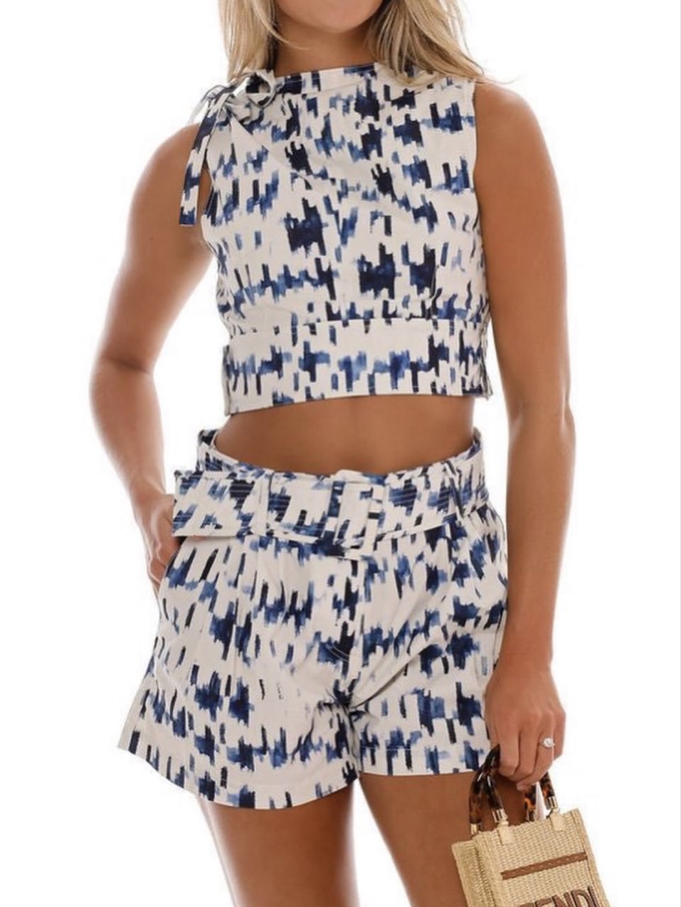 Patterned Crop Top and Belted Shorts Set