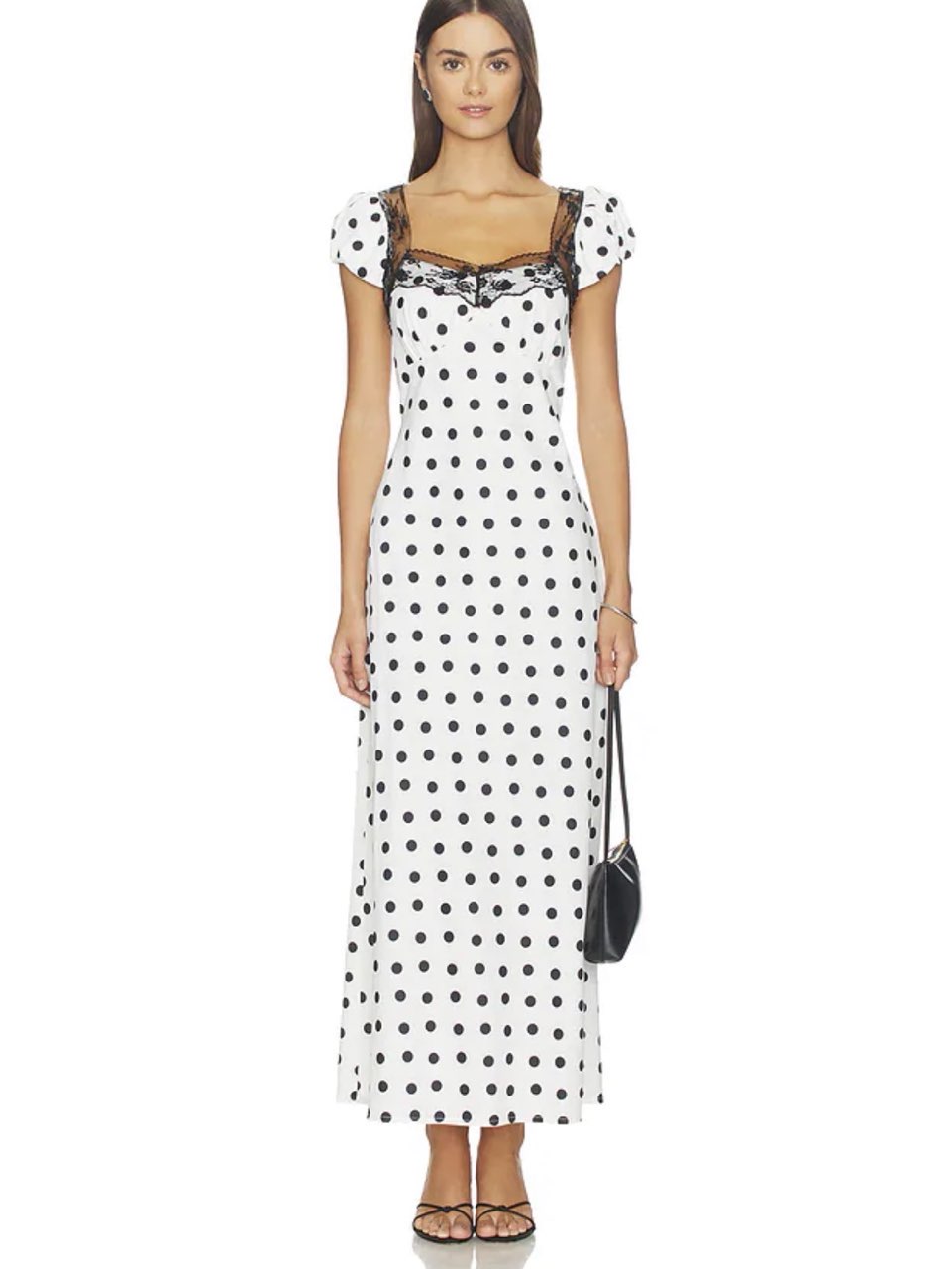 White Polka Dot Lace Trim Maxi Dress
