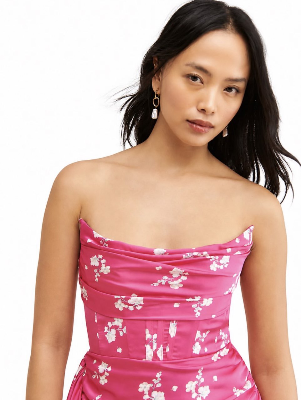 Pink Floral Mini Dress with Draped Train