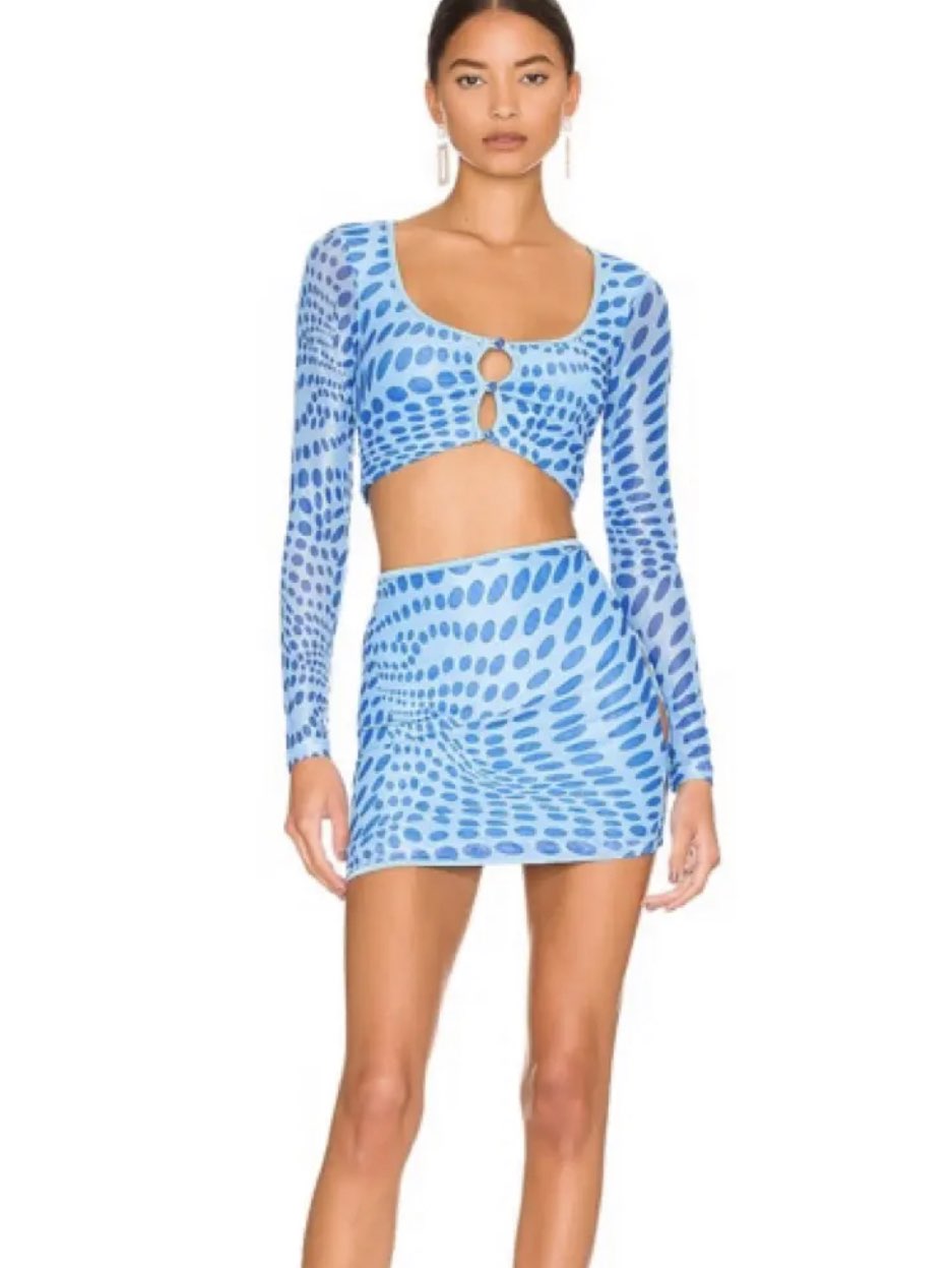 Blue Abstract Print Mesh Crop Top & Mini Skirt Set