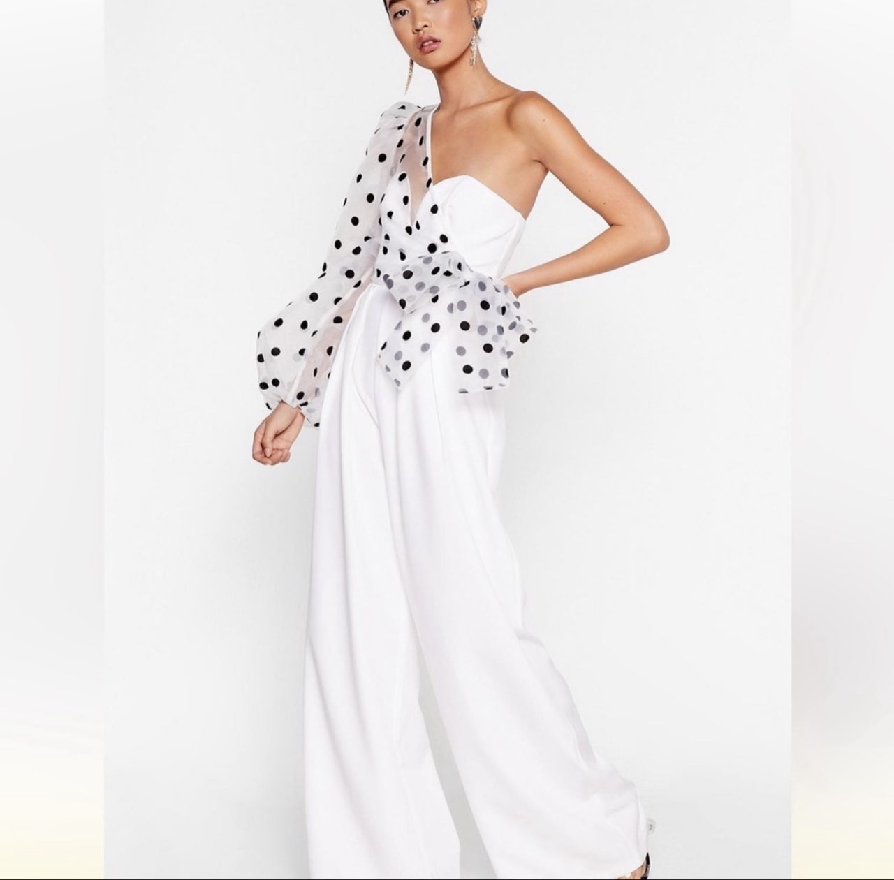 White Polka Dot Wide-Leg Jumpsuit with Ruffle Sleeve