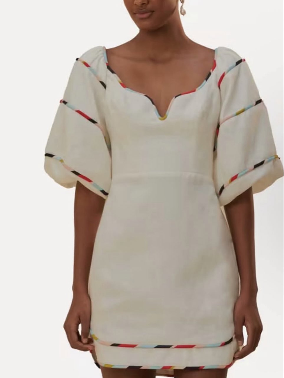 Cream Puff Sleeve Mini Dress with Colorful Trim