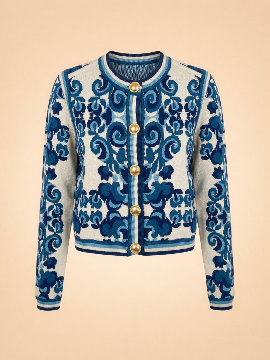 Blue and White Patterned Knit Cardigan