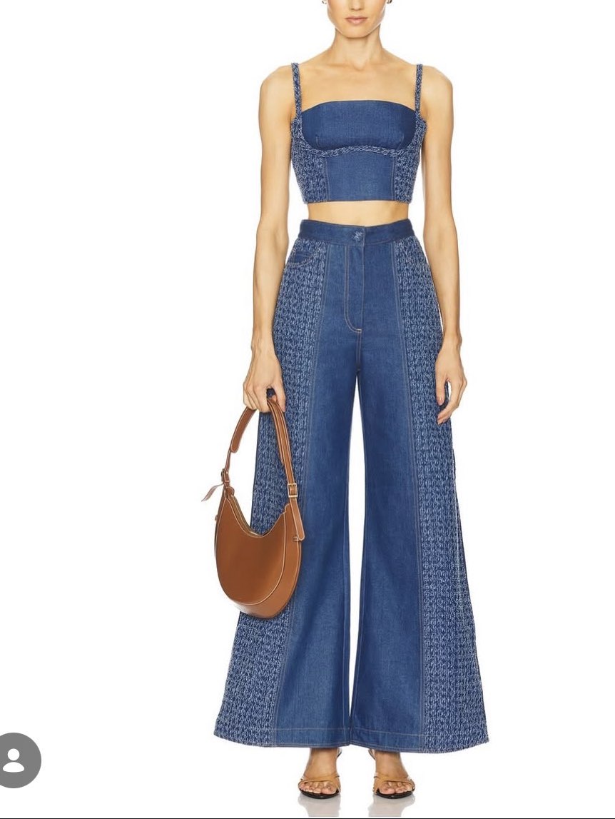 Textured Denim Bustier Top and Wide-Leg Pants Set
