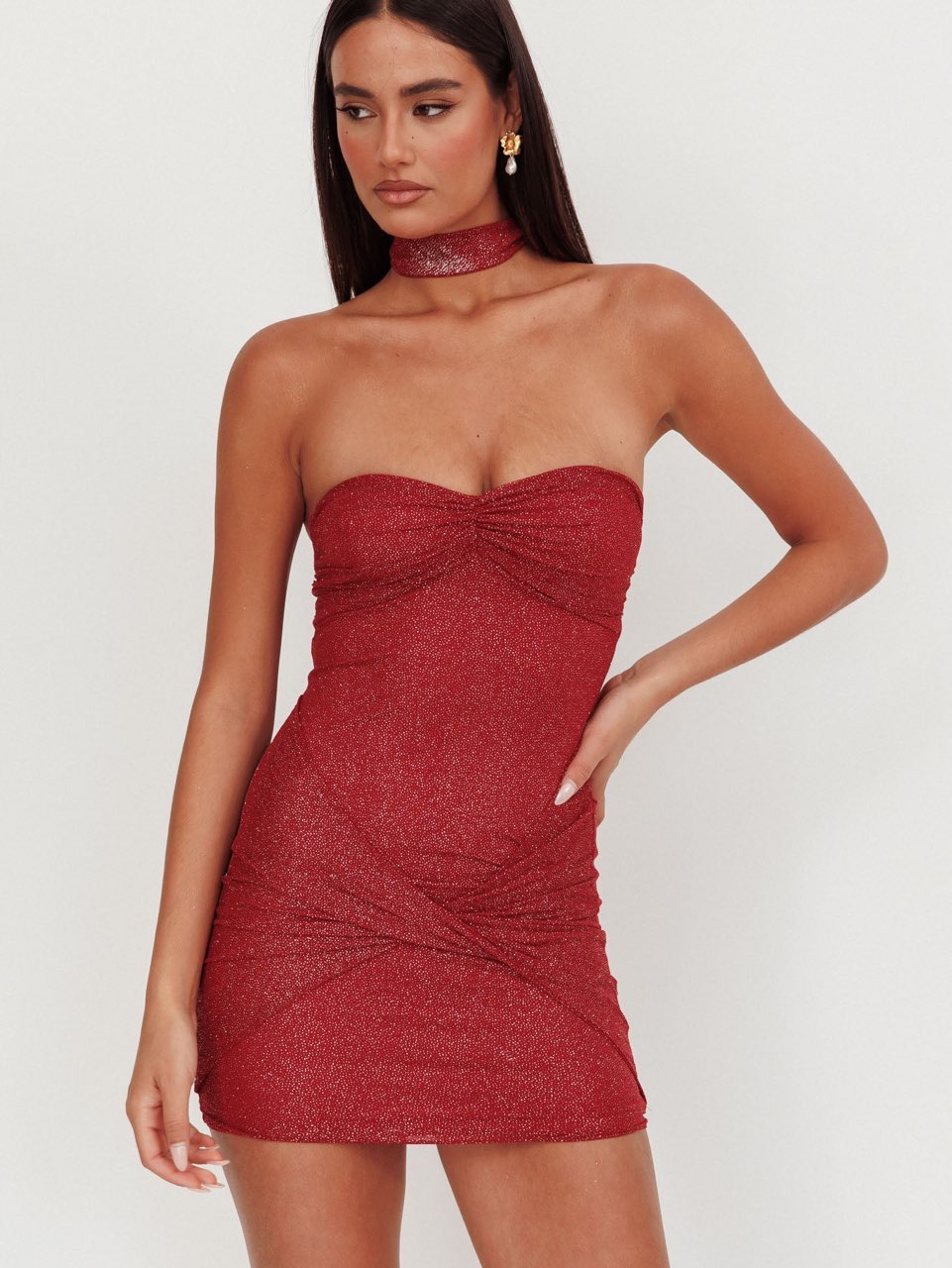 Red Glitter Strapless Mini Dress