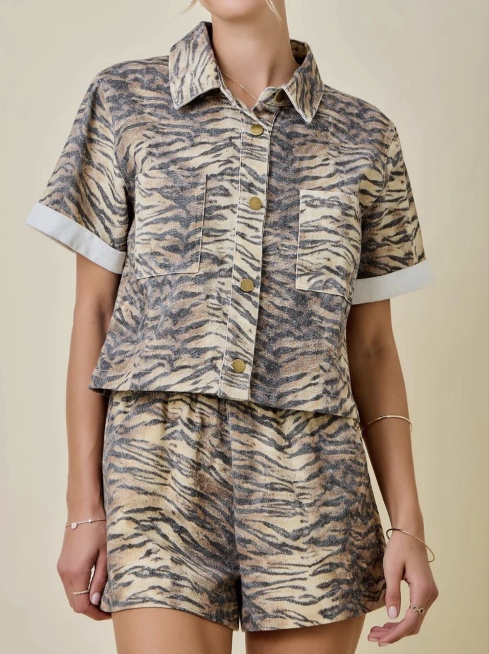 Tiger Print Button-Up Top & Shorts Set