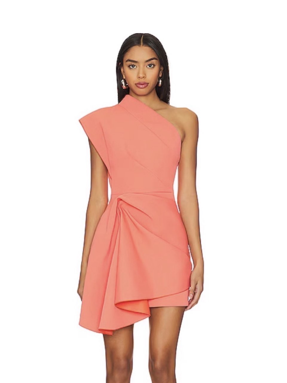 Coral One-Shoulder Draped Mini Dress