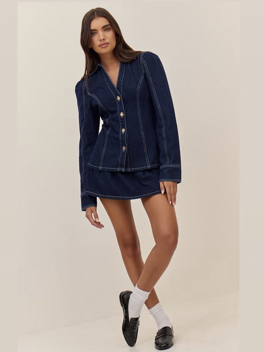 Pretty Little Thing Indigo denim mini long sleeve set top size 4/SMALL; skirt size 0/XS