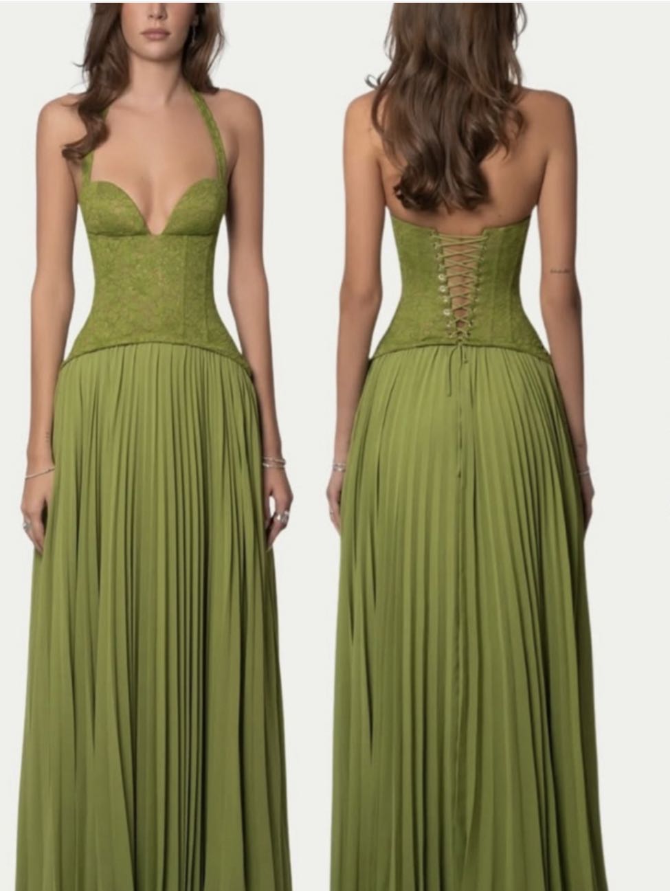 Olive Green Lace-Up Corset Maxi Dress
