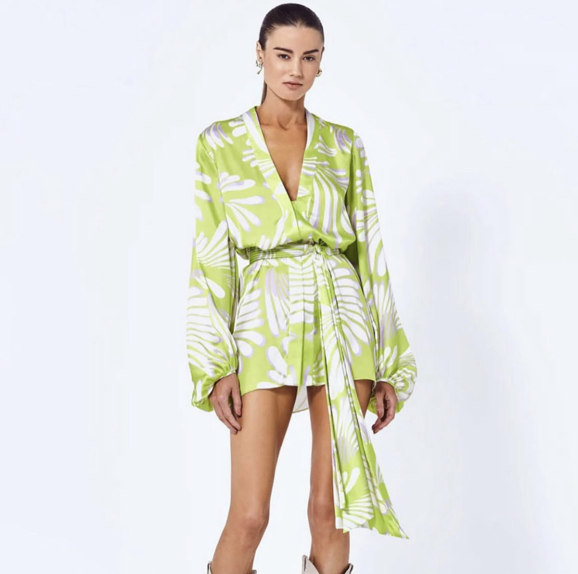 Alexis Green Tropical Print Wrap Mini Dress
