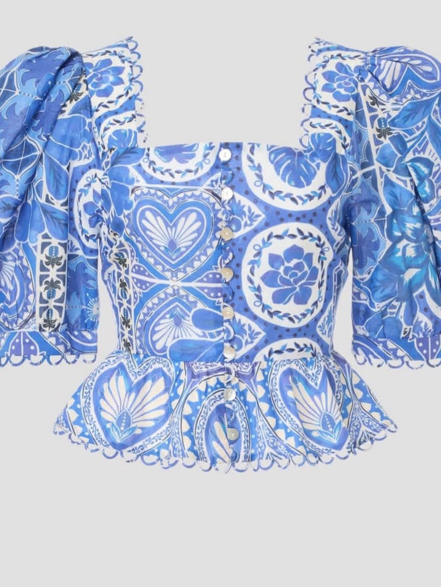 Blue Printed Puff Sleeve Top