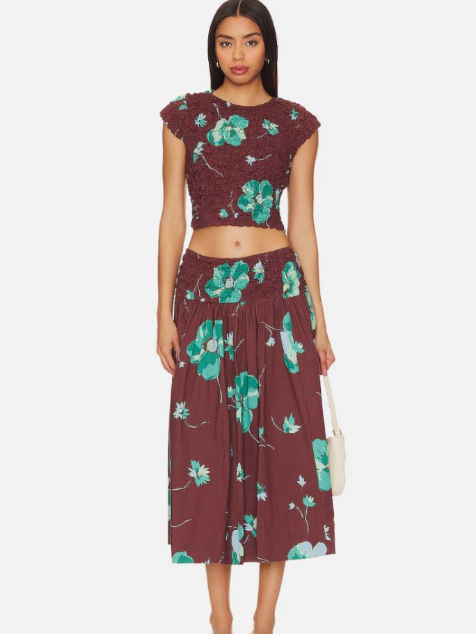 Shirred Texture Top and Skirt Set in Chocolate Green Floral