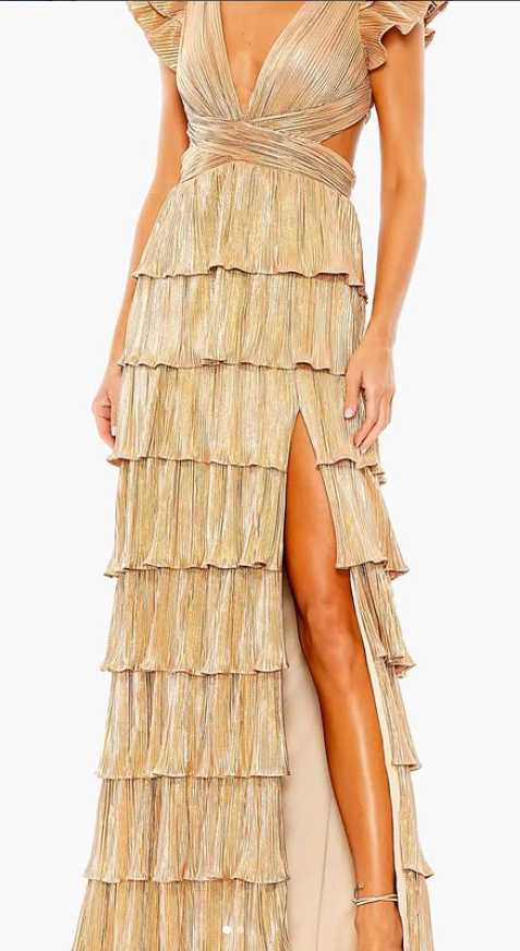 Gold Pleated Tiered Maxi Dress