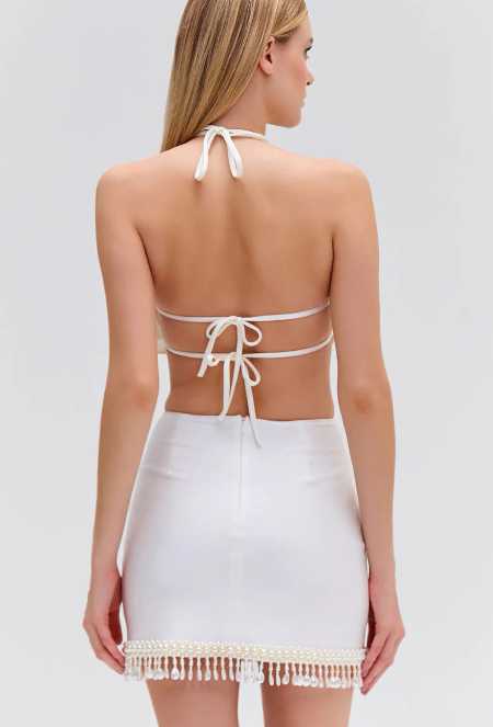 White Pearl Embellished Flower Halter Top