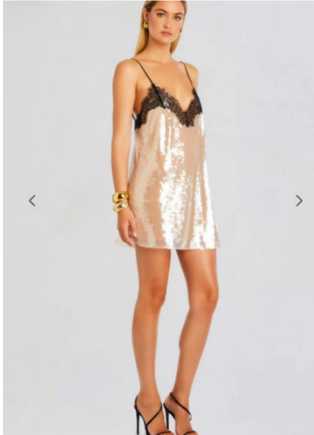Champagne Sequin Slip Mini Dress with Black Lace