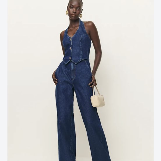 Reformation Denim Halter Vest and Wide-Leg Pants Set, fits like junpsuit