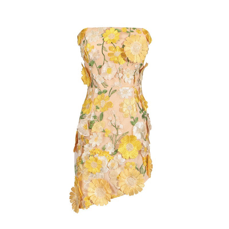 PS Yellow strapless 3D floral mini dress
