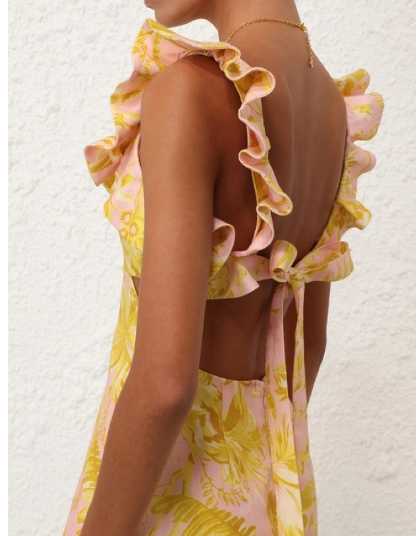 Pink & Yellow Tropical Ruffle Cut-Out Mini Dress