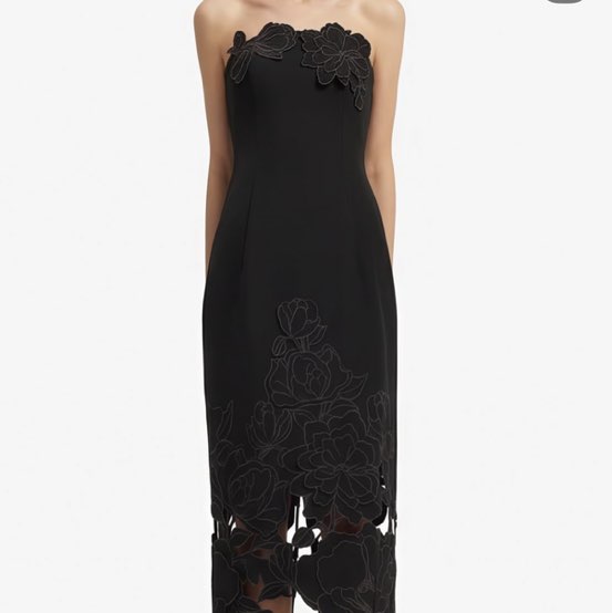 Black Strapless Floral Applique Midi Dress