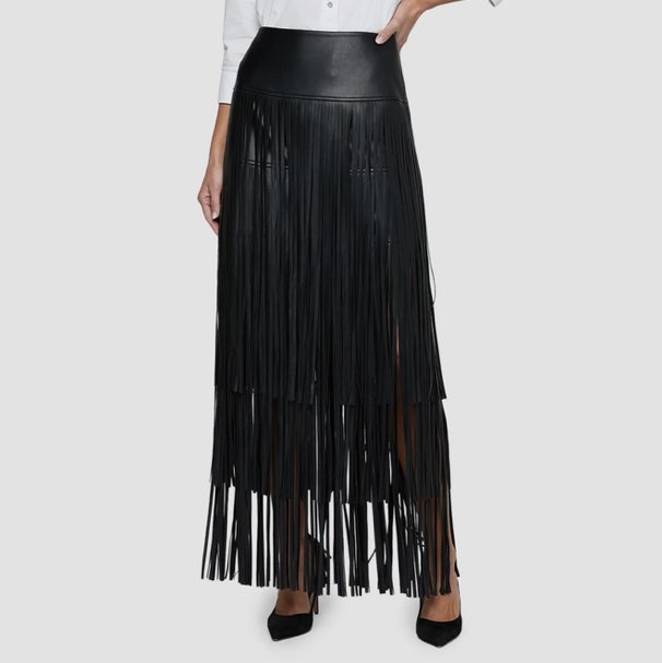 L’agence Black Faux Leather Fringe Maxi Skirt