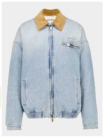 Miu Miu Light Wash Denim Bomber Jacket with Corduroy Collar