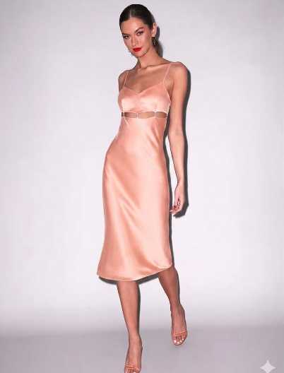 Peach Satin Cut-Out Midi Slip Dress