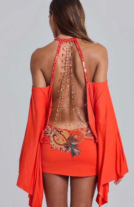 Embellished Orange Mini Dress with Kimono Sleeves