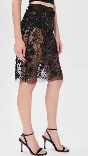 Black Sheer Floral Embellished Midi Skirt