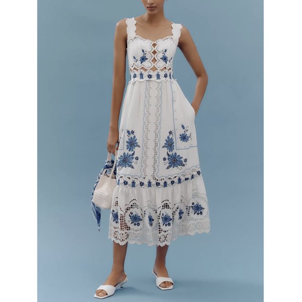 Farm Rio Cross-Stitch Richelieu Linen Dress