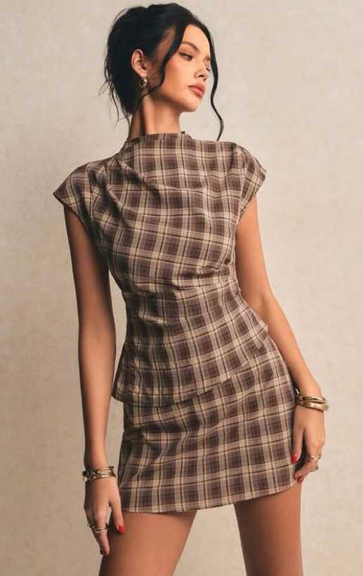 Brown Plaid High-Neck Mini Dress