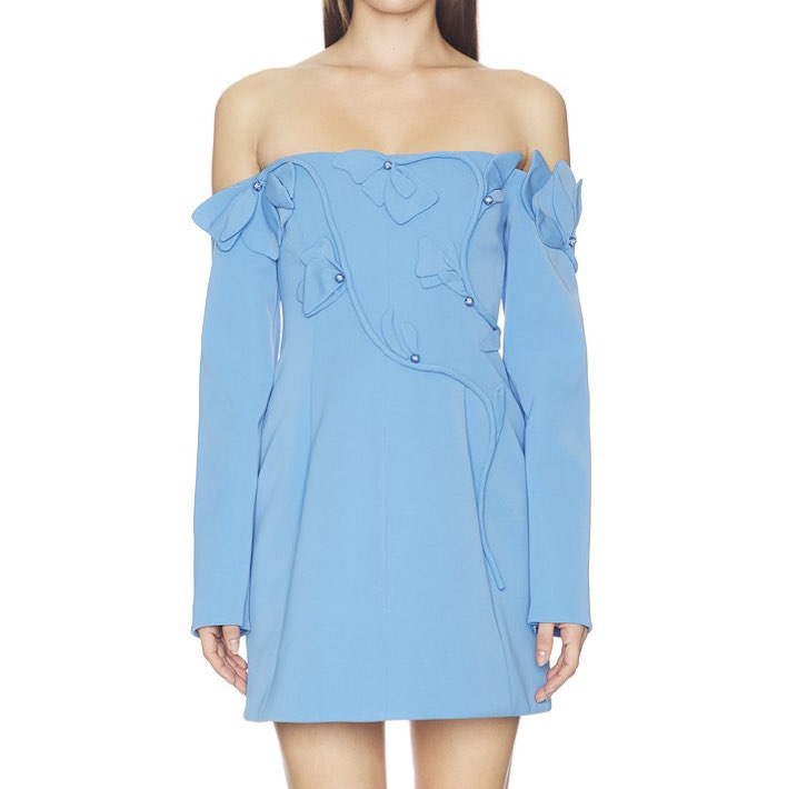 Acler Sky Blue Off-Shoulder Floral Applique Mini Dress