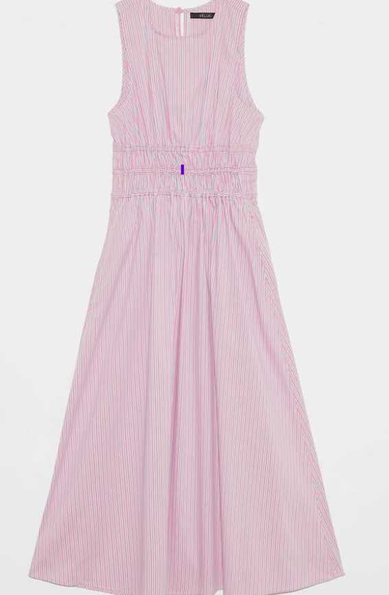 Pink Striped Shirred Midi Dress
