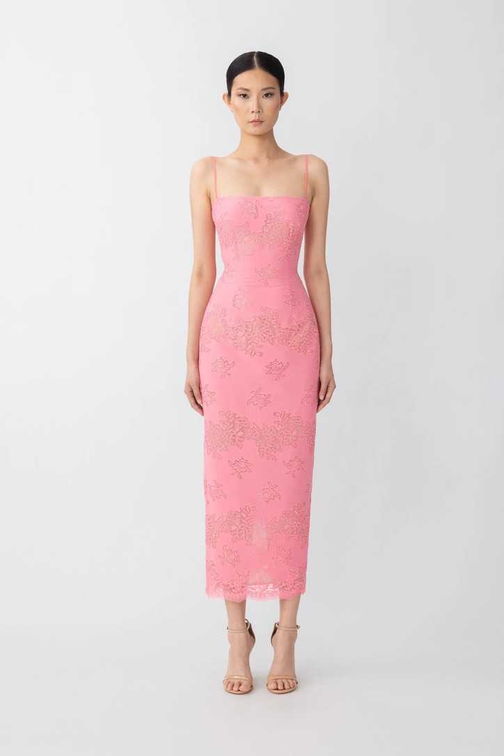 Sau Lee Embroidered Lace Midi Dress in Rose Pink