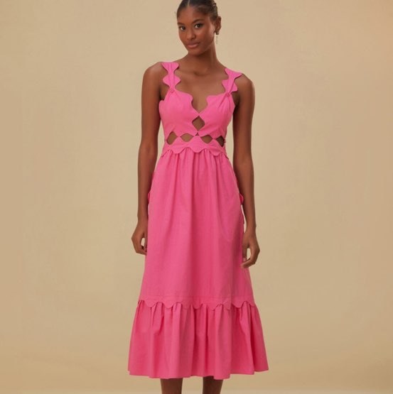 Farm Rio Pink Scalloped Cutout Midi Dress