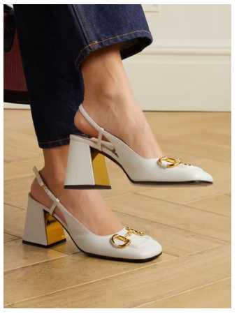 White Leather Horsebit Slingback Block Heels