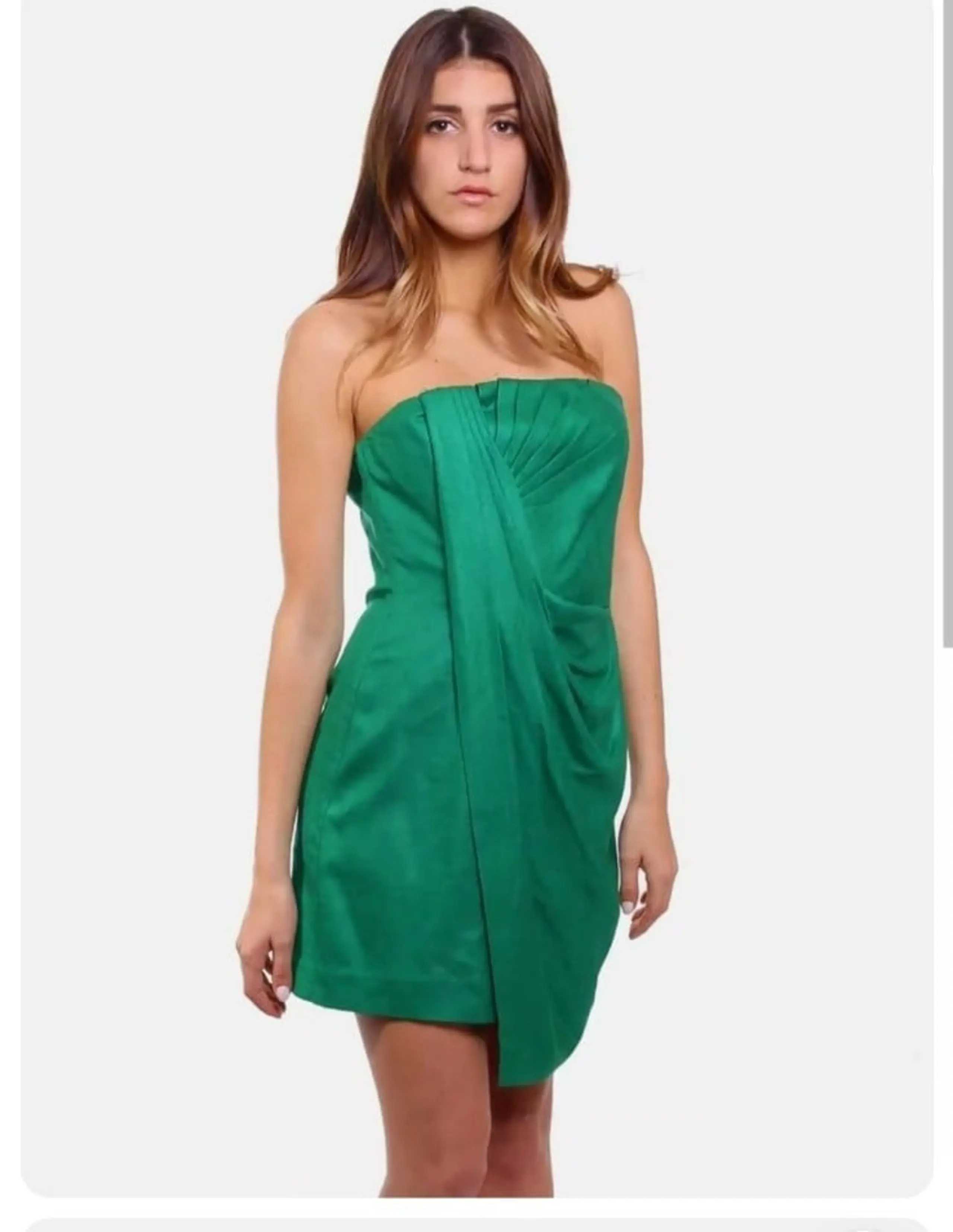 Bcbgmaxazria Emerald Green Strapless Draped Mini Dress