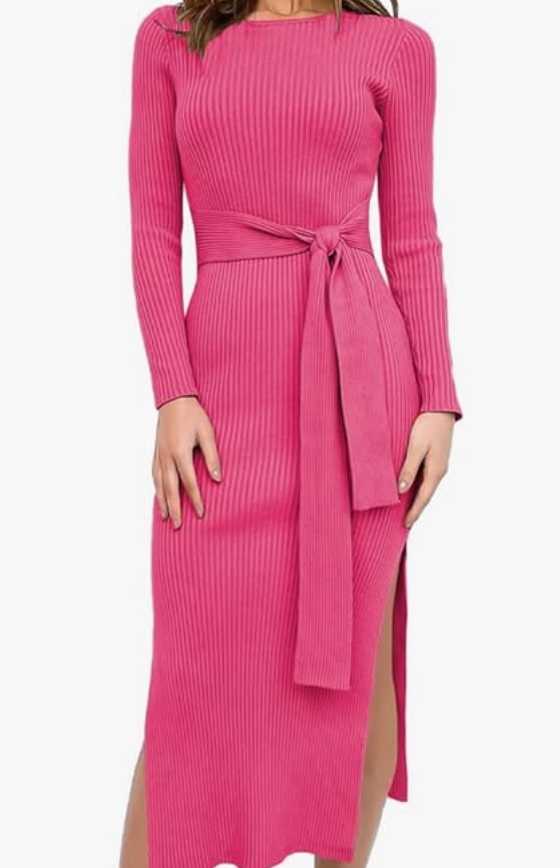 Fuchsia Ribbed Knit Tie-Waist Midi Dress