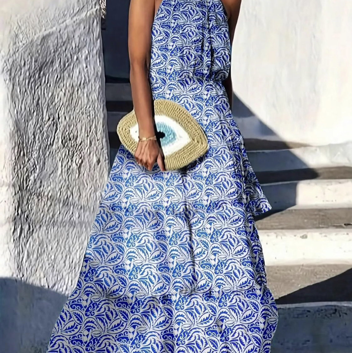 N /A Blue and White Halter Neck Maxi Dress