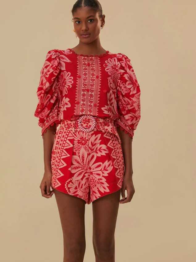Red Floral Puff Sleeve Top & High-Waisted Shorts Set