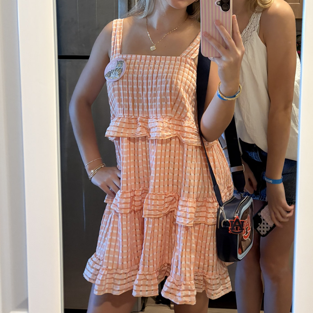 Baevely Orange and Peach Gingham Ruffled Mini Dress