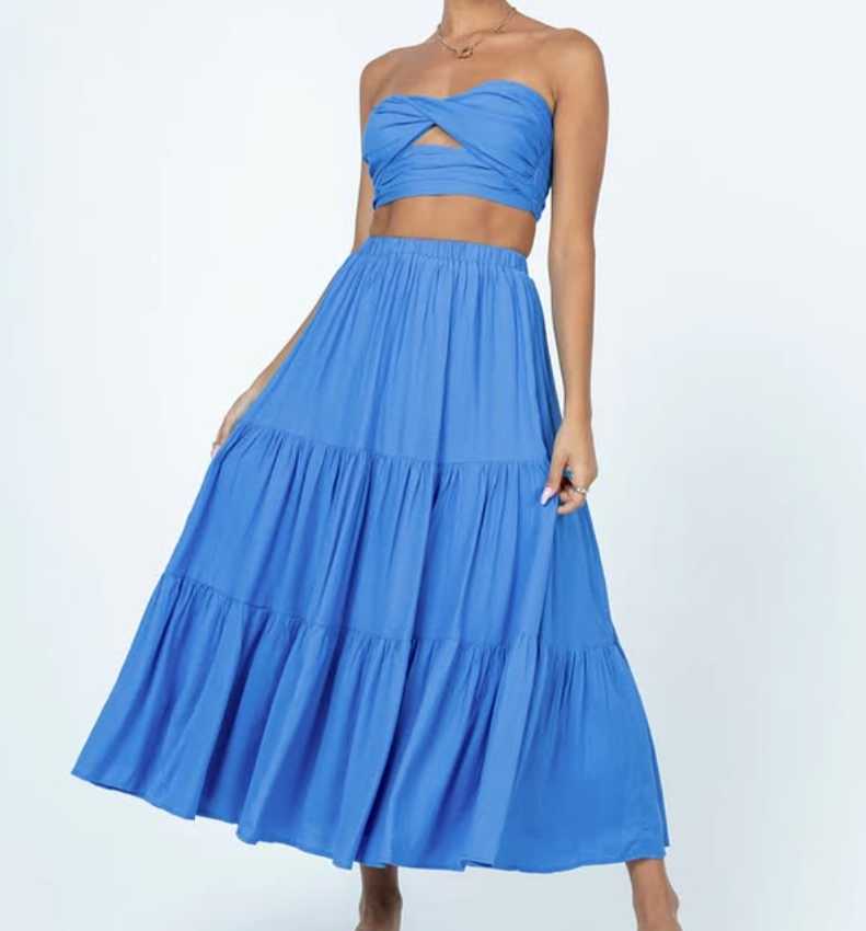 Blue Strapless Crop Top & Tiered Maxi Skirt Set