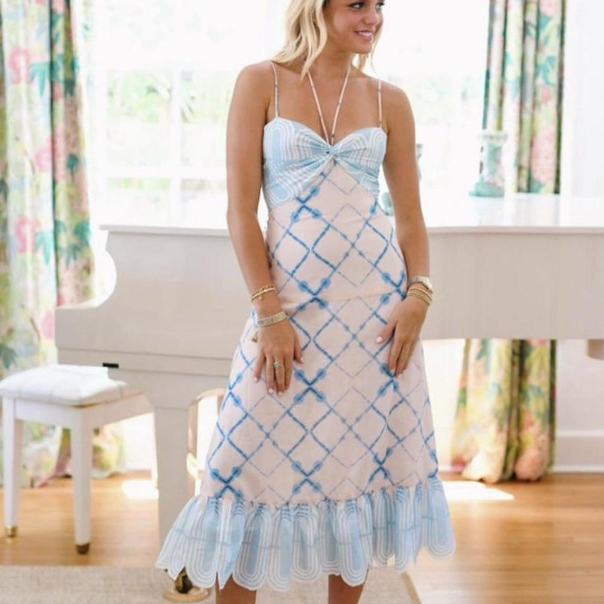 Fancy Boutique Cream and Blue Tie-Dye Scalloped Midi Dress