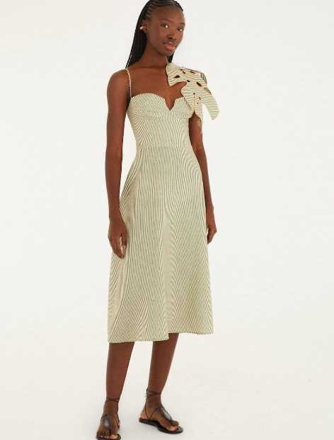 Green Striped Monstera Leaf Midi Dress