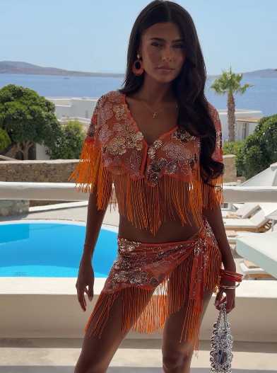 Orange Sequin Fringe Crop Top and Sarong Skirt Set