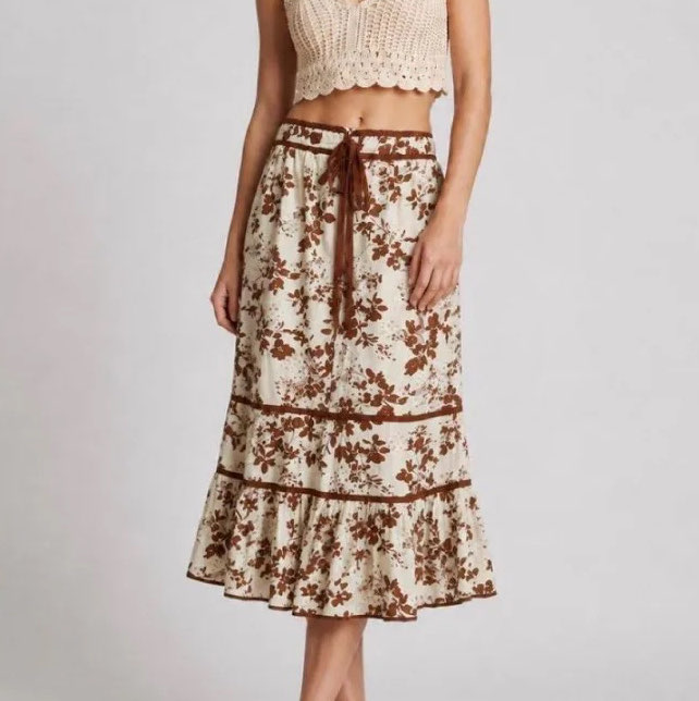 Floral Tiered Cream and Rust Midi/Maxi Skirt