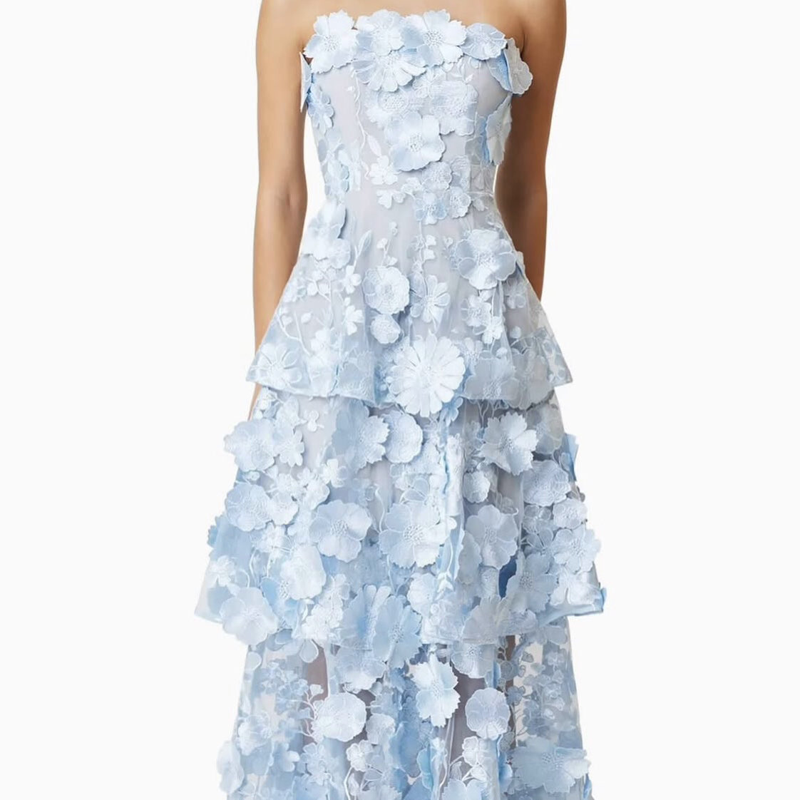 ELLIATT Light Blue Floral Tiered Strapless Midi Dress
